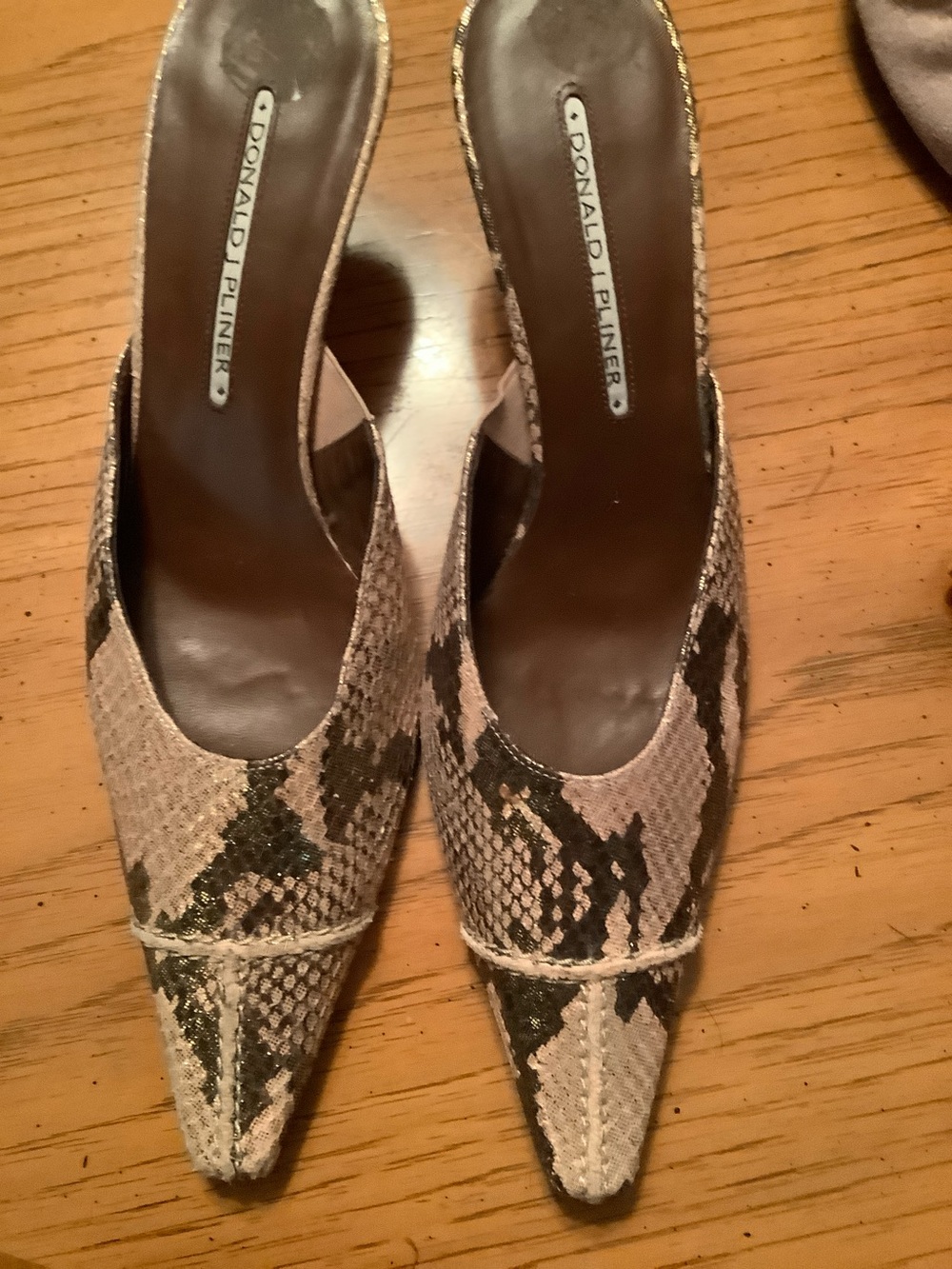 Donald J. Pliner Snake-Skin Mules in Silver and Pink Kitten Heels